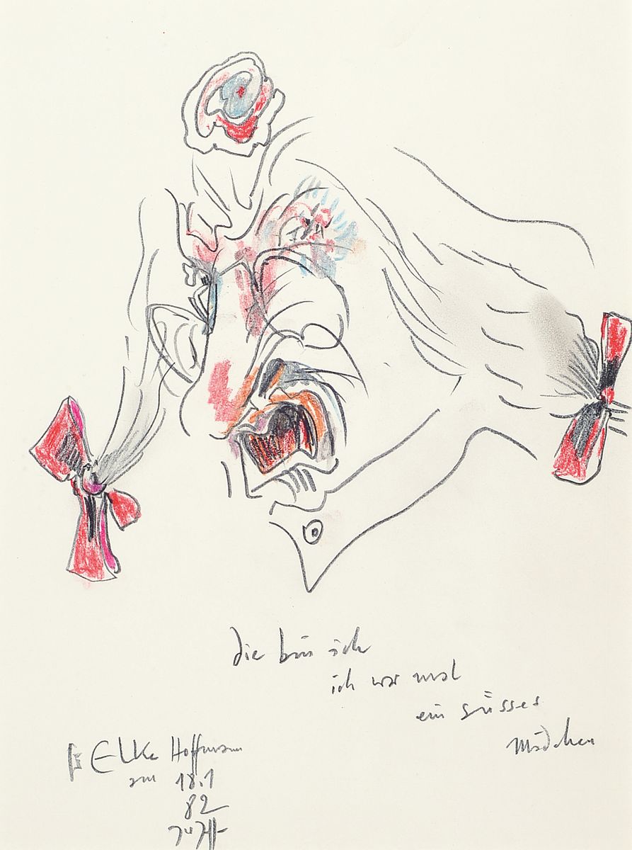 Horst Janssen, 1929 - 1995, Selbstporträt, zornig als Mädchen, bezeichnet: "Die bin ich ich war einst? ein süsses Mädchen", gewidmet ...