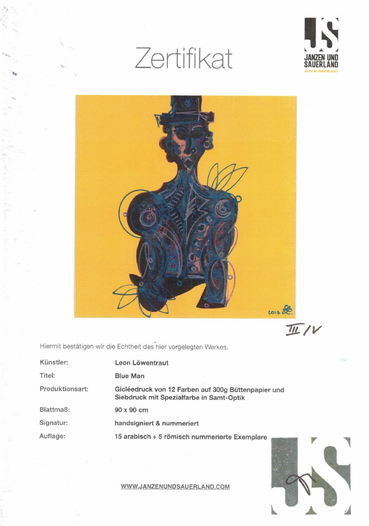 Detail i: Leon Löwentraut, geb. 1998 Kaiserslautern, bekannt durch nationale und internationale Ausstellungen, hier: komplette Serie Blue Man, 4 Giclee Drucke ...