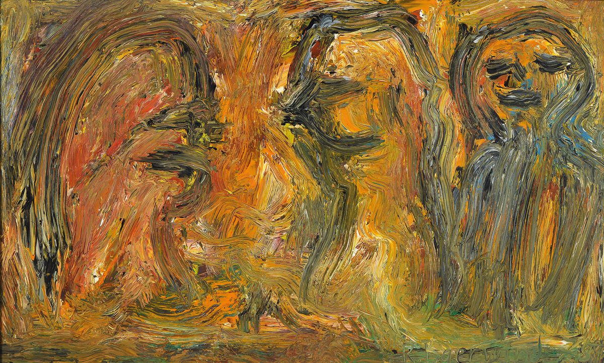 Rudi Baerwind, 1910-1982 Mannheim, Studium in München, Berlin und Paris, hier: drei Figuren, Öl/Holz, rechts unten signiert und dat. 75, ca. ...