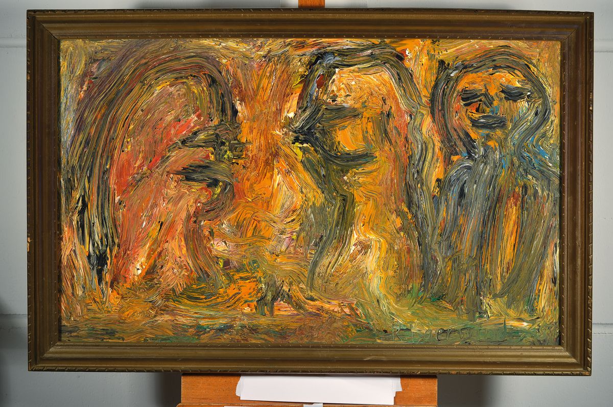 Detail k: Rudi Baerwind, 1910-1982 Mannheim, Studium in München, Berlin und Paris, hier: drei Figuren, Öl/Holz, rechts unten signiert und dat. 75, ca. ...