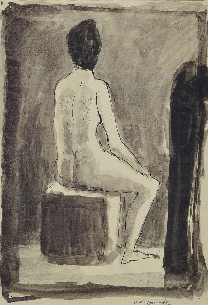 A.R. Penck, 1939-2017, Sitzender Rückenakt, Tuschfederzeichnung aquarelliert, handsigniert, ca. 29x20cm Bildausschnitt, PP, u.Gl., R. ca. 42x33cm