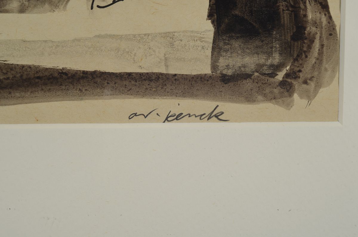 Detail a: A.R. Penck, 1939-2017, Sitzender Rückenakt, Tuschfederzeichnung aquarelliert, handsigniert, ca. 29x20cm Bildausschnitt, PP, u.Gl., R. ca. 42x33cm