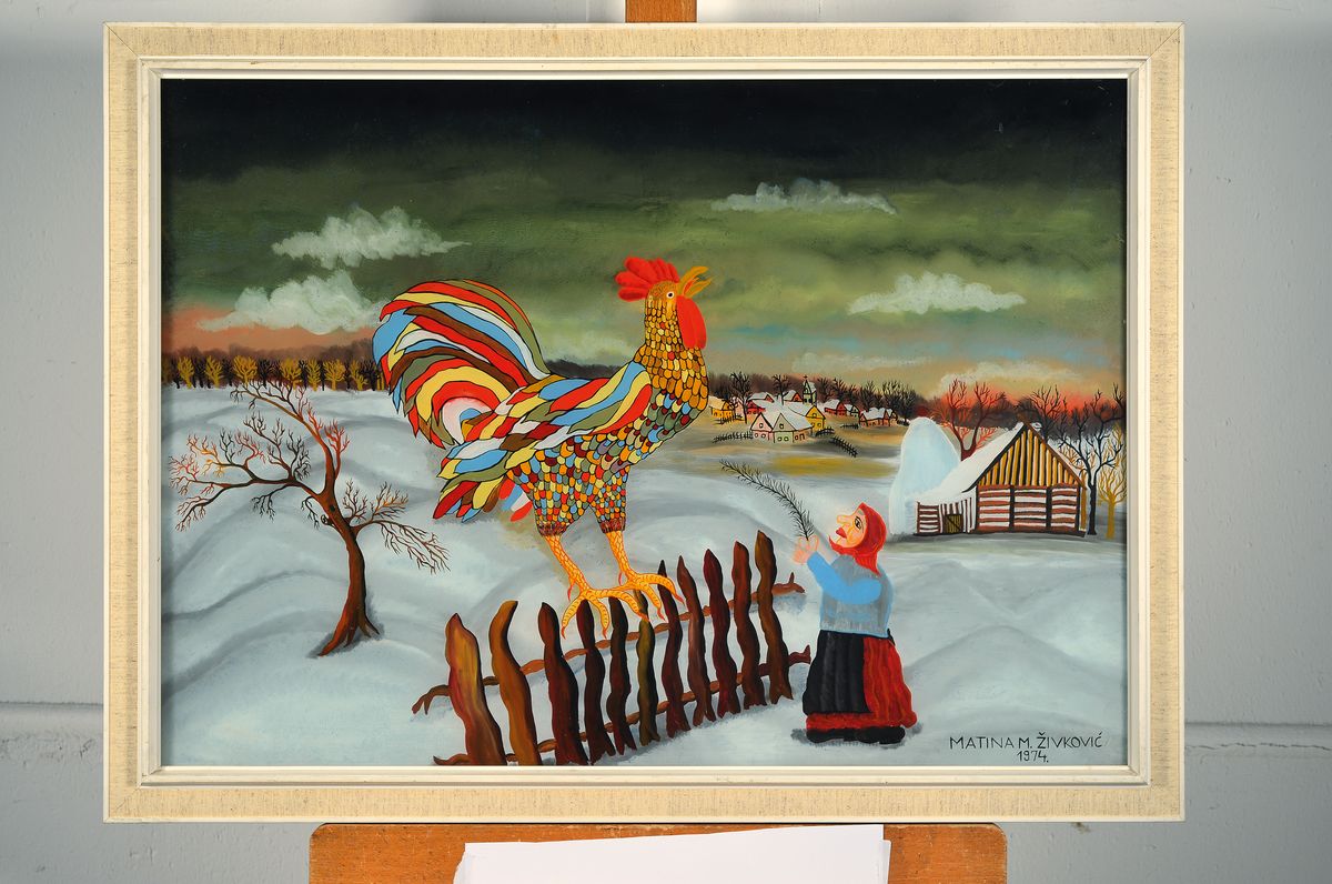 Detail k: Matina Milica Zivkovic, geb. 1954 Hlebine/ Kroatien, Hahn am Zaun, Hinterglasmalerei, signiert, dat. 1974, ca. 50x70cm, R.
