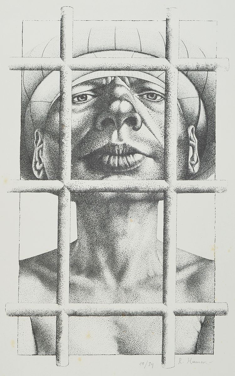 Rudolf Hausner, 1914-1995, Adam hinter Gittern, Lithographie, handsign. und num. 19/34, leicht fleckig, Blattgr. ca. 63x47cm