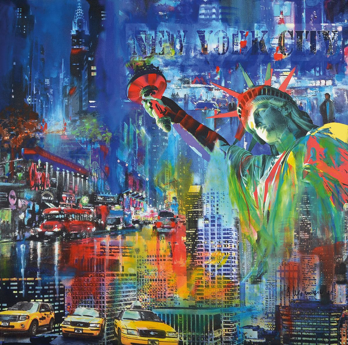 Bernd Klimmer geb. 1940 , lebt und arbeitet in Kaiserslautern-Morlautern, hier: Acryl/Lwd, Titel: New York bei Nacht, rechts unten sign., Rahmen, ca. ...