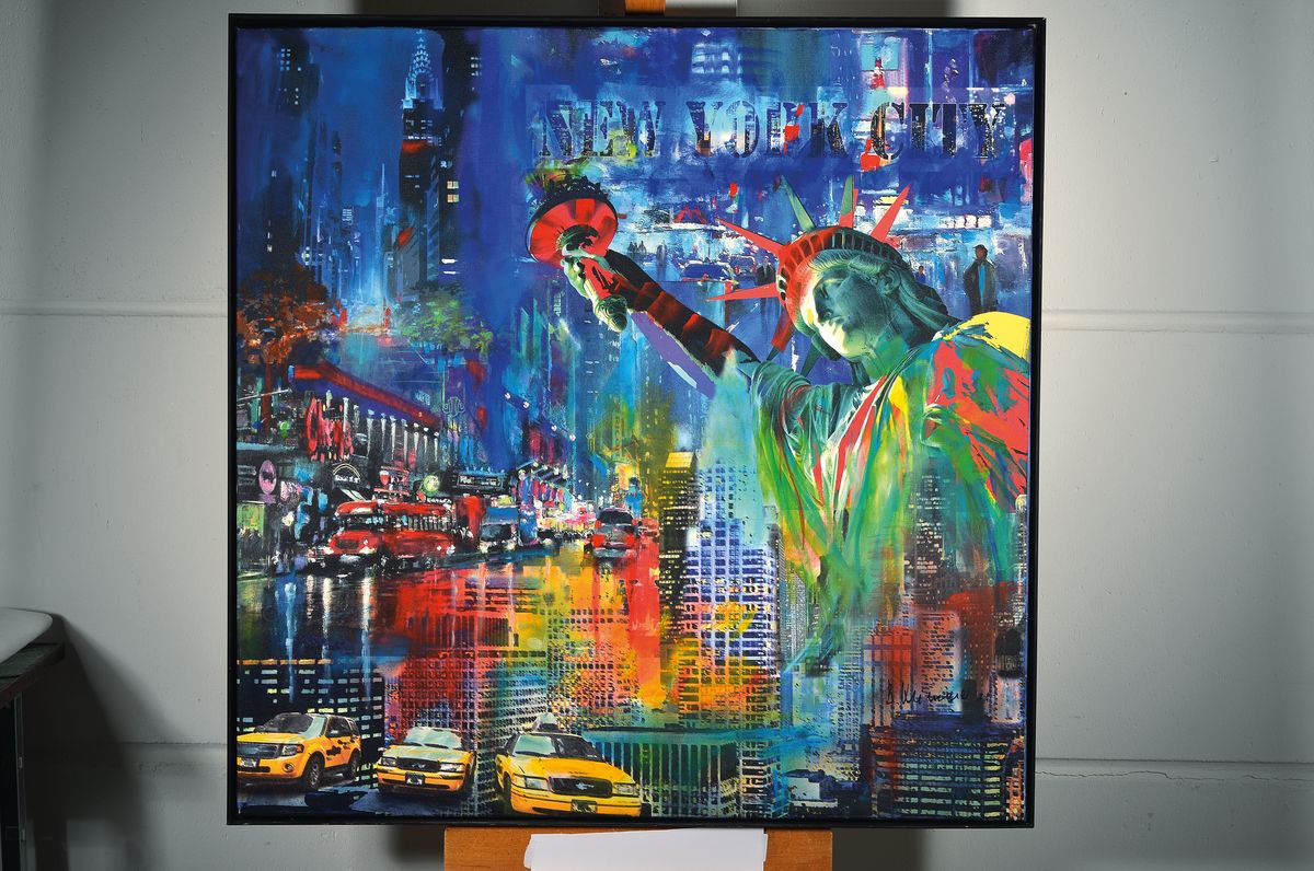 Detail k: Bernd Klimmer geb. 1940 , lebt und arbeitet in Kaiserslautern-Morlautern, hier: Acryl/Lwd, Titel: New York bei Nacht, rechts unten sign., Rahmen, ca. ...