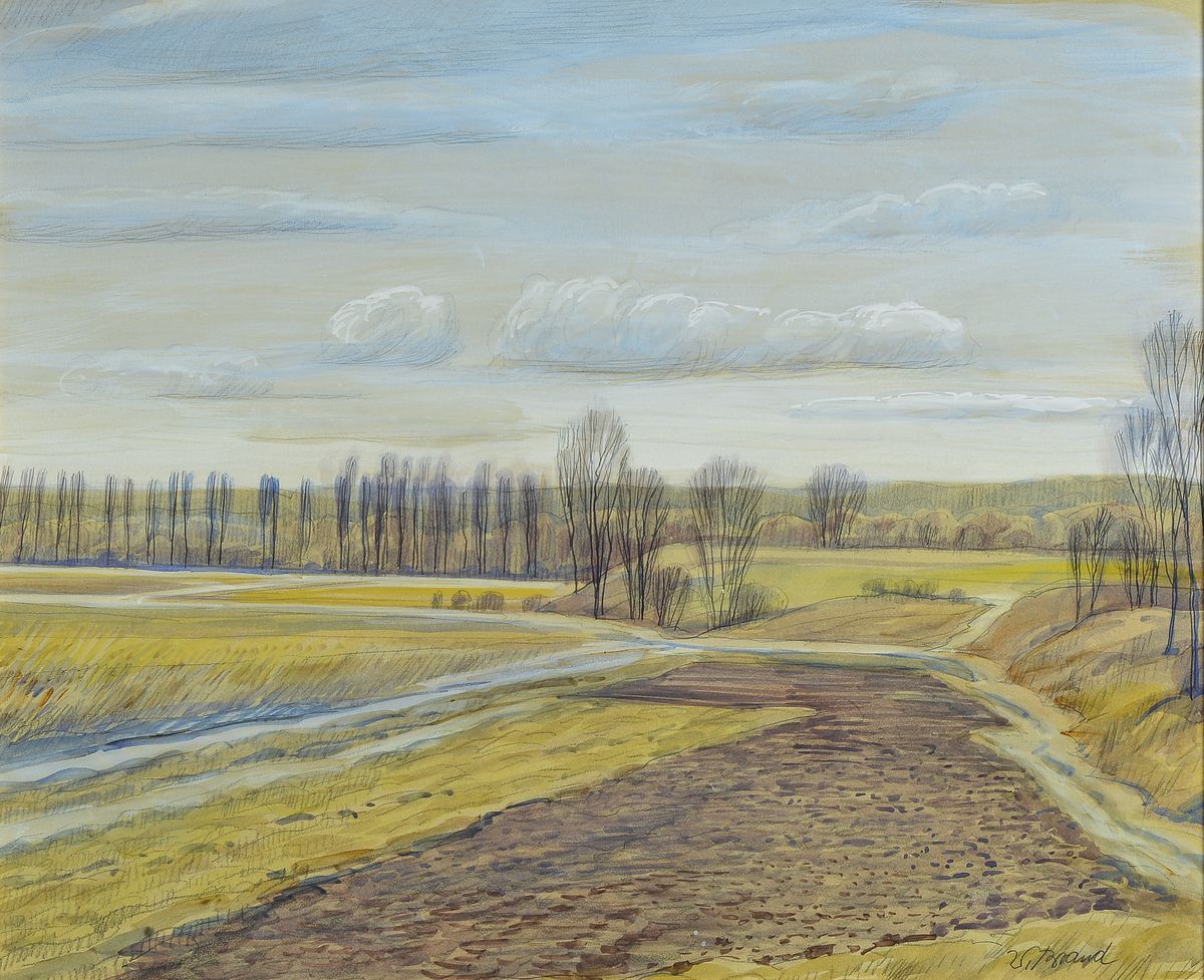 Werner Brand, geb. 1933 Löbau, lebt und arbeitet in der Pfalz, hier: Damm bei Rülzheim, Aquarell über Bleistift, rechts unten signiert, ca. ...