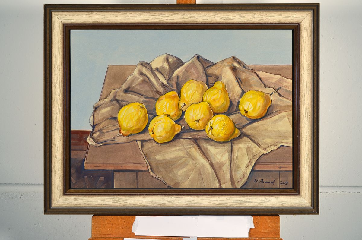 Detail k: Werner Brand, geb. 1933 Löbau, lebt und arbeitet in der Pfalz, Stillleben mit Quitten, Aquarell auf Papier, rechts unten signiert und dat. 2013, ca. ...