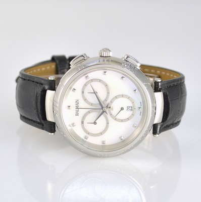 Image PIERRE BALMAIN wristwatch with chronograph, Switzerland, quartz, stainless steel case, screwed down case back, mother of pearl dial with raised hour-indexes, bezel with Roman numerals, silvered hands, date, neutral leather strap with original deployant clasp, diameter approx. 33 mm, condition 2