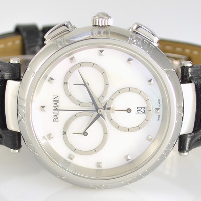 25779496a - PIERRE BALMAIN wristwatch with chronograph, Switzerland, quartz, stainless steel case, screwed down case back, mother of pearl dial with raised hour-indexes, bezel with Roman numerals, silvered hands, date, neutral leather strap with original deployant clasp, diameter approx. 33 mm, condition 2