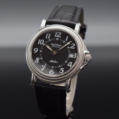 25779523b - PAUL PICOT Atelier gents wristwatch, self winding, reference 4026 F, stainless steel case with 6- fach screwed down case back, neutral leather strap with original buckle, black dial with Arabic numerals, date at 3, silvered luminous hands, diameter approx. 37 mm, condition 1-2