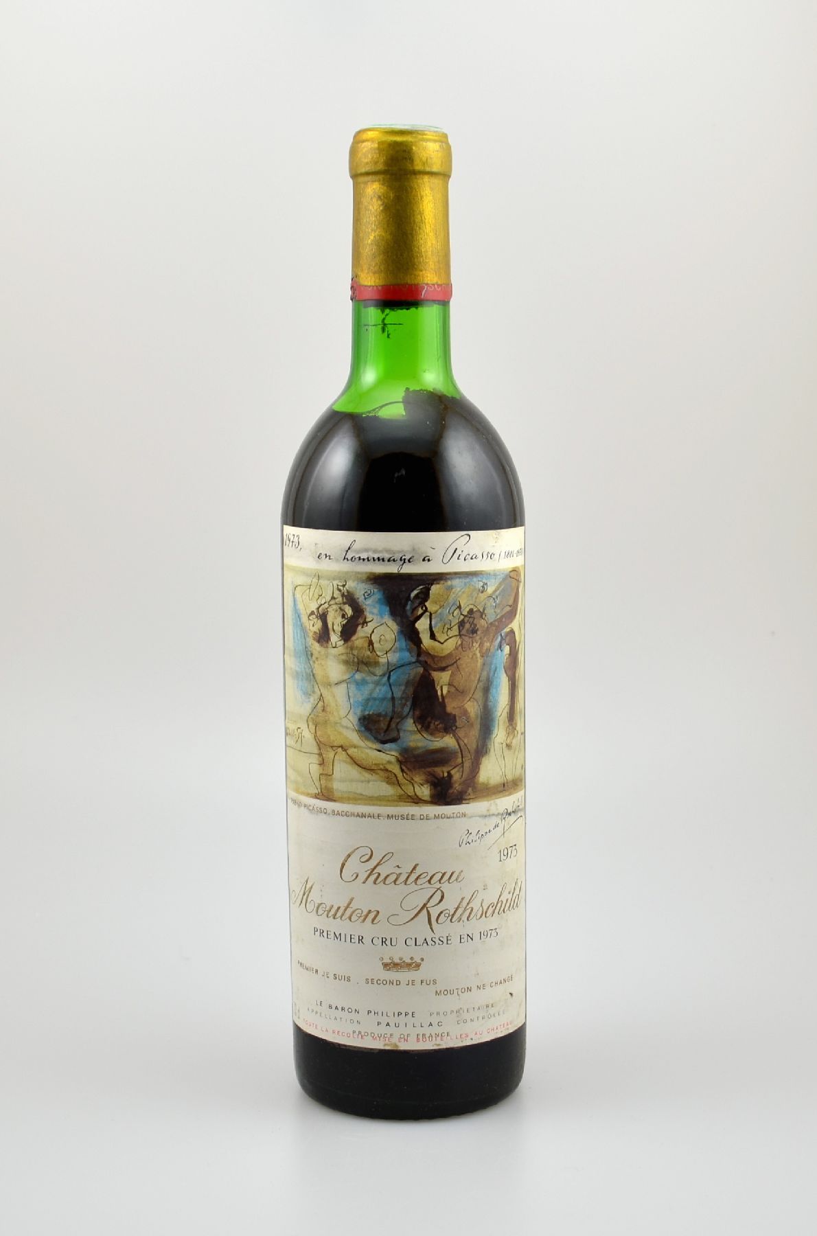 1 Flasche 1973 Chateau Mouton Rothschild, Pauillac, Premier Grand Cru Classe, ca. 73 cl, Füllstand: ca. upper mid shoulder, Etikett l. beschmutzt, ...