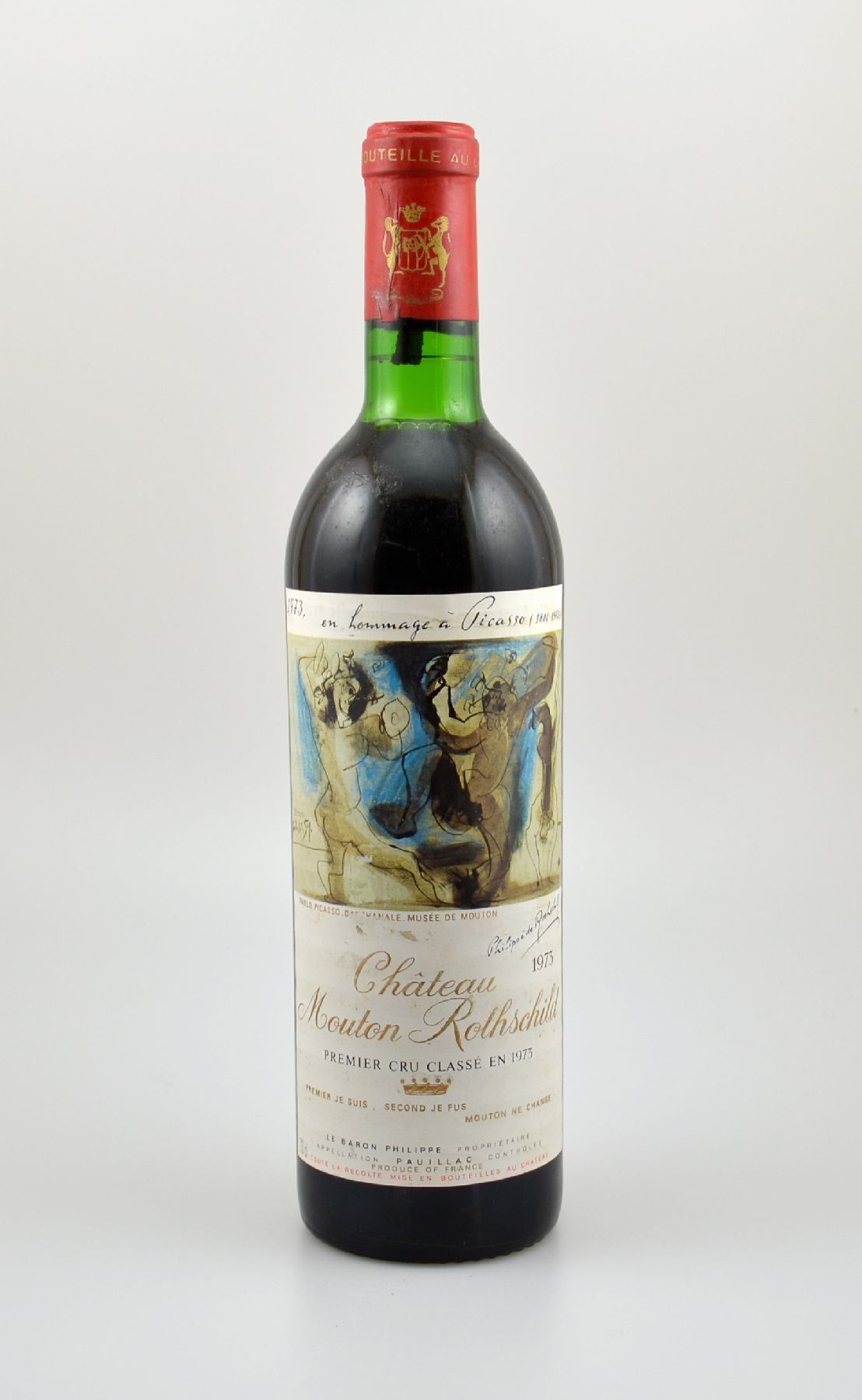 1 Flasche 1973 Chateau Mouton Rothschild, Pauillac, Premier Grand Cru Classe, ca. 73 cl, Füllstand: ca. top shoulder, Etikett l. beschmutzt, ...