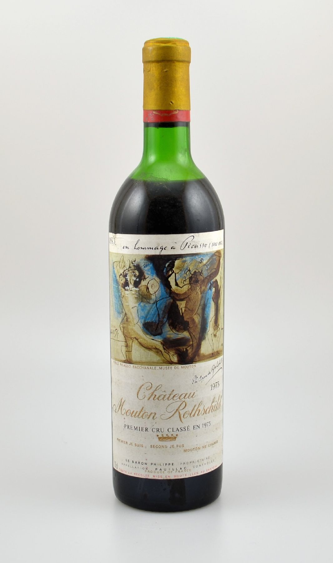 1 Flasche 1973 Chateau Mouton Rothschild, Pauillac, Premier Grand Cru Classe, ca. 73 cl, Füllstand: ca. mid shoulder, Etikett l. beschmutzt, ...