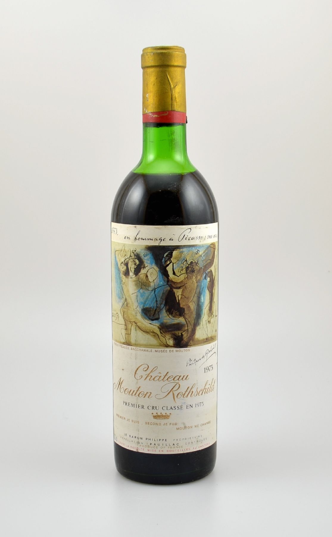 1 Flasche 1973 Chateau Mouton Rothschild, Pauillac, Premier Grand Cru Classe, ca. 73 cl, Füllstand: ca. upper mid shoulder, Etikett l. beschmutzt, ...