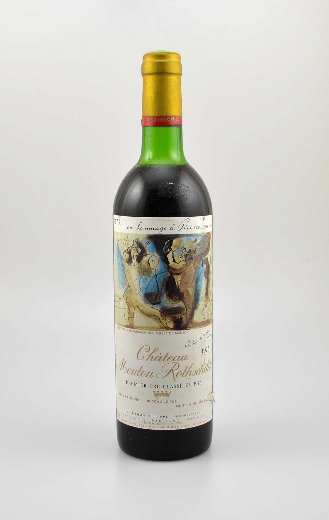 1 Flasche 1973 Chateau Mouton Rothschild, Pauillac, Premier Grand Cru Classe, ca. 73 cl, Füllstand: ca. upper mid shoulder, Etikett l. beschmutzt, ...