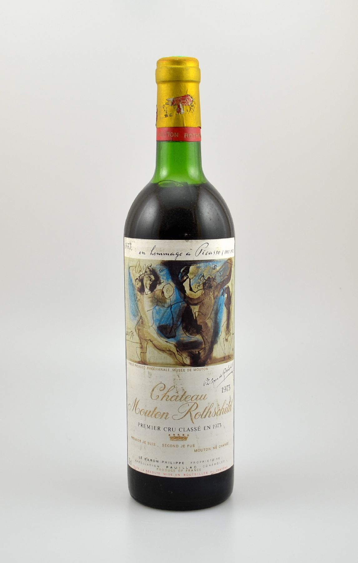 1 Flasche 1973 Chateau Mouton Rothschild, Pauillac, Premier Grand Cru Classe, ca. 73 cl, Füllstand: ca. upper mid shoulder, Etikett l.beschmutzt, ...