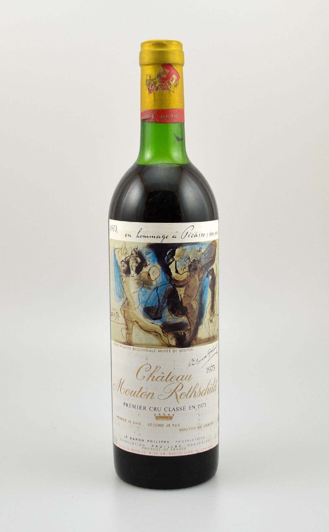 1 Flasche 1973 Chateau Mouton Rothschild, Pauillac, Premier Grand Cru Classe, ca. 73 cl, Füllstand: ca. top shoulder, Etikett l. beschmutzt, ...