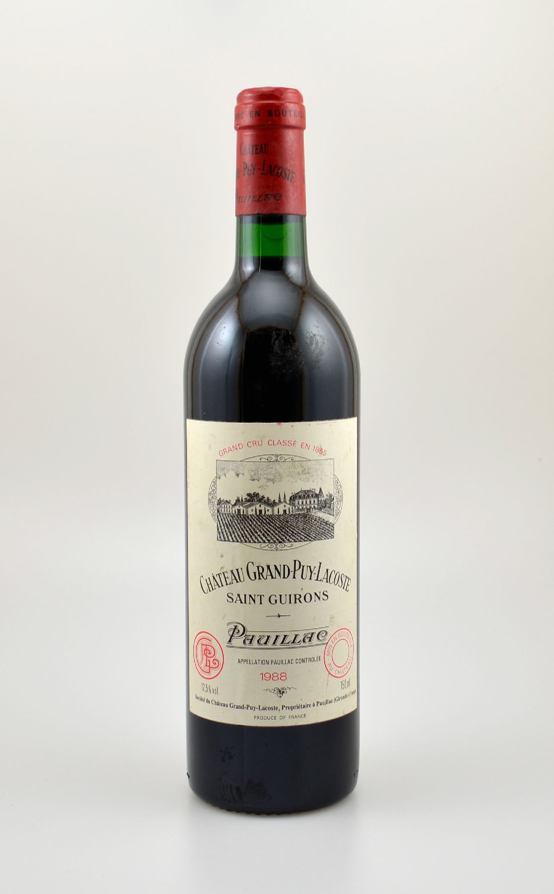 1 Flasche 1988 Chateau Grand-Puy-Lacoste, Pauillac, Grand Cru Classe, ca. 75 cl, 12,5 % Vol., Füllstand: into neck, Etikett min. beschmutzt, ...