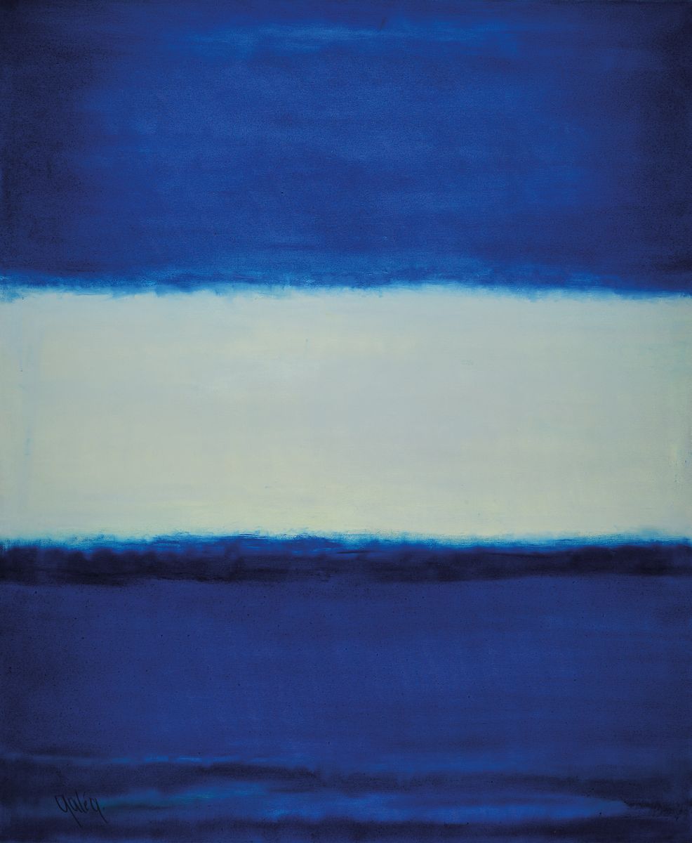 Gaston Gale, zeitgenössischer Belgischer Künstler, Abstrakte Komposition in Blau, Öl/Lwd, links unten sign., ca. 122x100 cm, Leisten