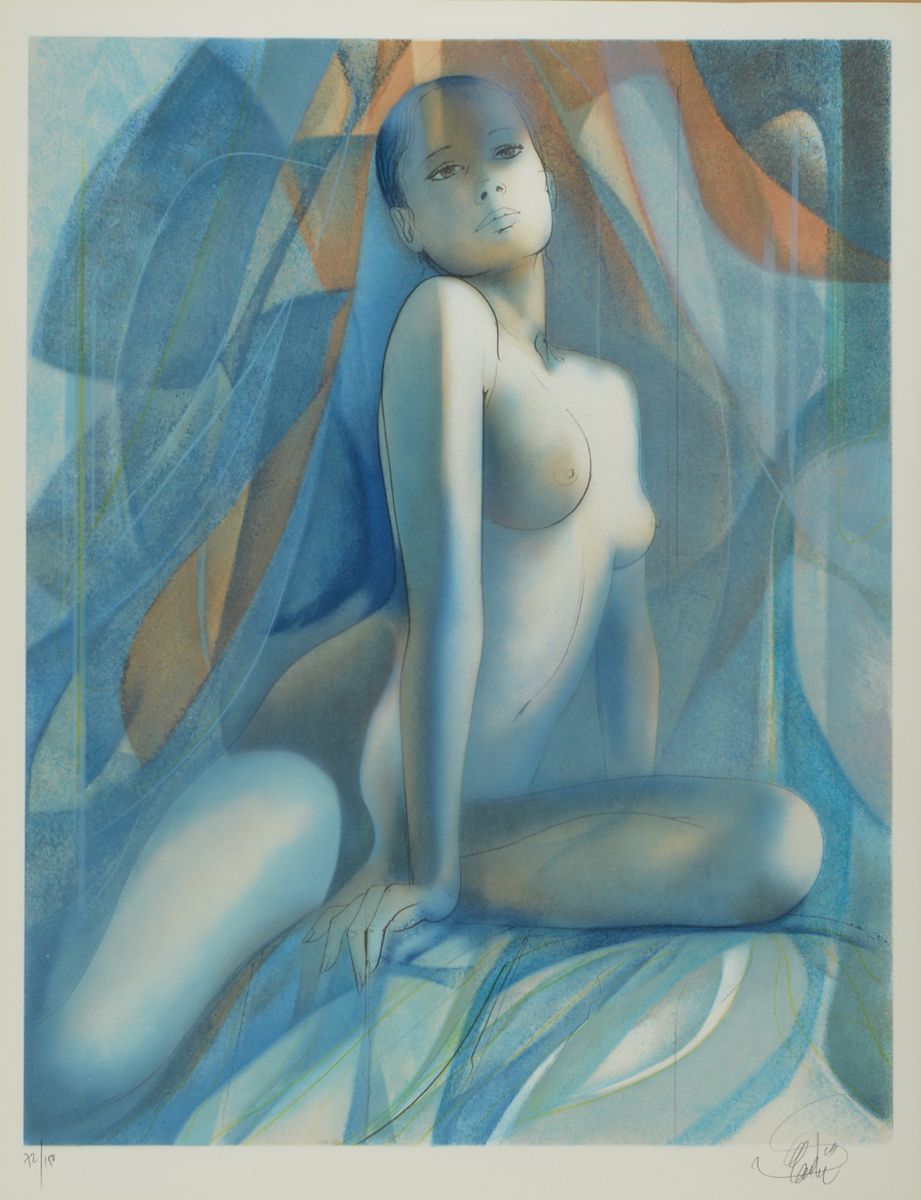 Jean-Baptiste Vladie, Französsischer Künstler,geb. 1933 in Brive, sitzender Weiblicher Akt, Farblithografie, sign., num. 72/150, unter Glas ...