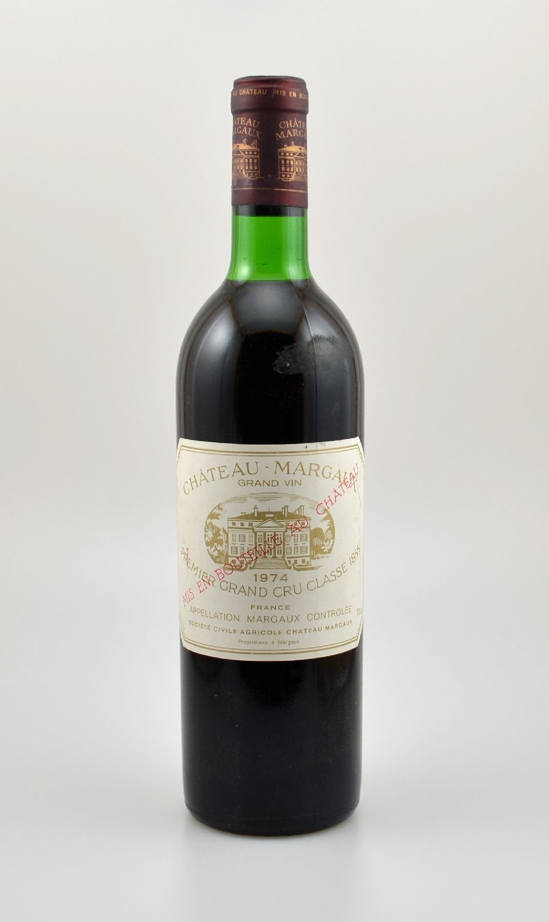 1 Flasche 1974 Chateau Margaux, Margaux, Premier Grand Cru Classe, ca. 73 cl, Füllstand: ca. top shoulder, Etikett min. beschmutzt, unverkostet, ...
