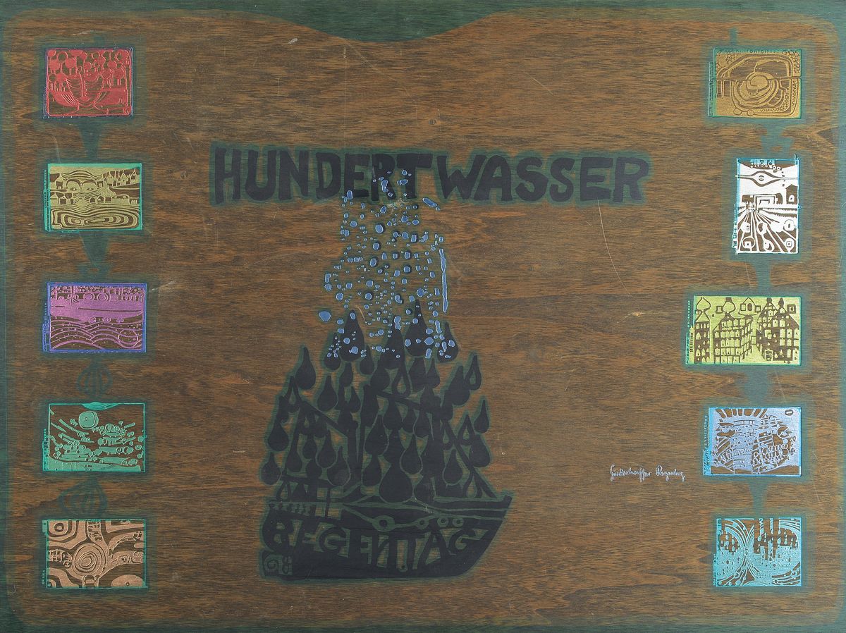 Friedensreich Hundertwasser, 1928-2000, Holzkassette der Regentagmappe, orig. Kassette für 10 Grafiken, innen handsigniert und num. 364/3000, ca. ...
