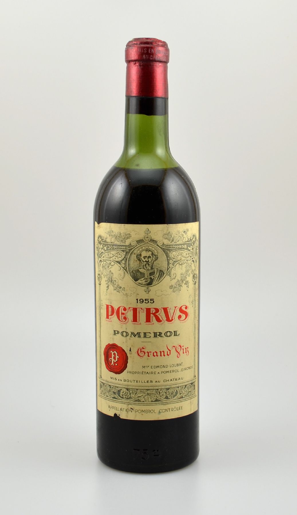 1 Flasche 1955 Petrus, Pomerol, Füllstand: ca. upper mid shoulder, Etikett und Kapsel min. besch., unverkostet, Provenienz: Aus einer privaten ...