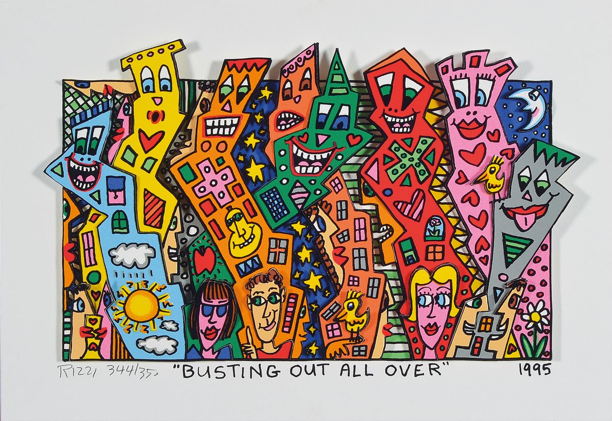 James Rizzi, 1950-2011, Busting out all over, dreidimensionale Farblithographie von 1995, signiert und num. 344/350, ca. 16x26cm, PP, u.Gl., R. ca. ...