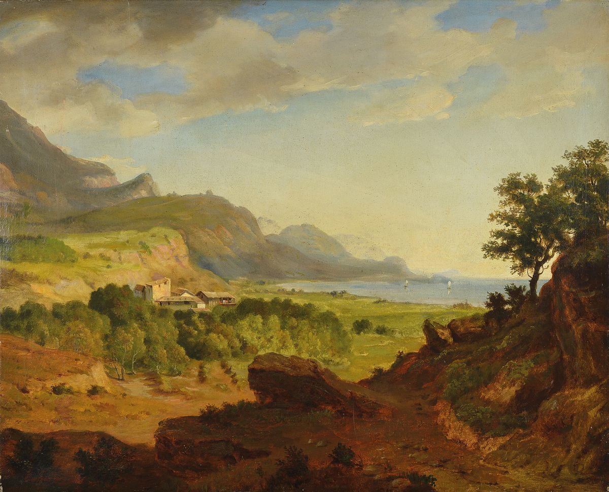 Louis Cabat, 1812-1893 Paris, südliche Landschaft mit Meeresbucht und Häusern, Öl/Lwd, doubliert, links unten signiert, kleinere ...