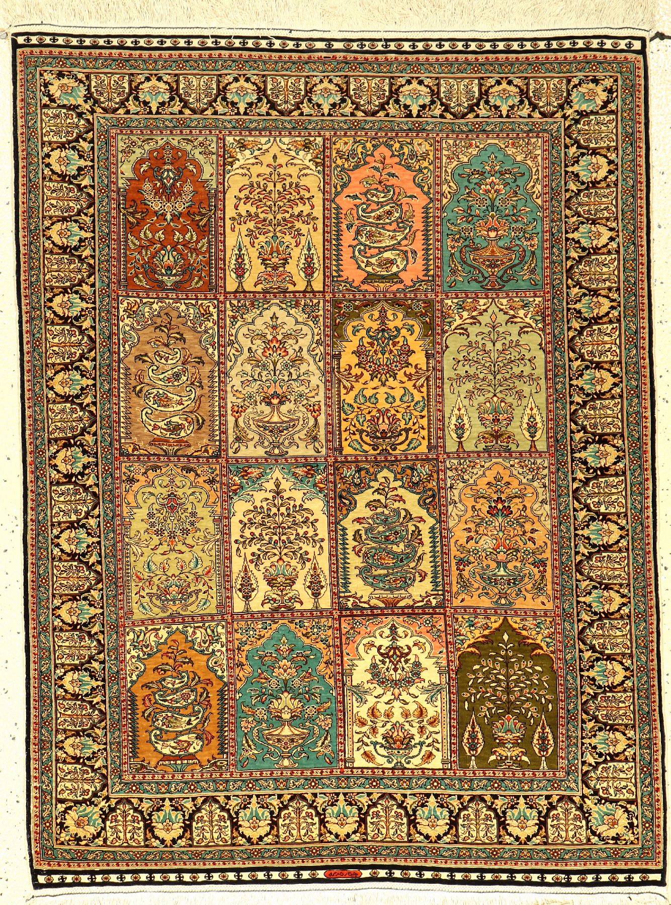 Feiner Seiden "Cinar" alt, Türkei, ca. 40 Jahre, reine Naturseide, ca. 120 x 90 cm, sehrfeine Knüpfung, EHZ: 2, (Signiert)