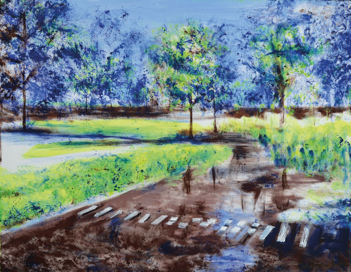 Markus Wüstenhöfer, geb. 1971 Mannheim, verborgene Schritte, Acryl auf Lwd, rechts unten signiert, ca. 70x90cm