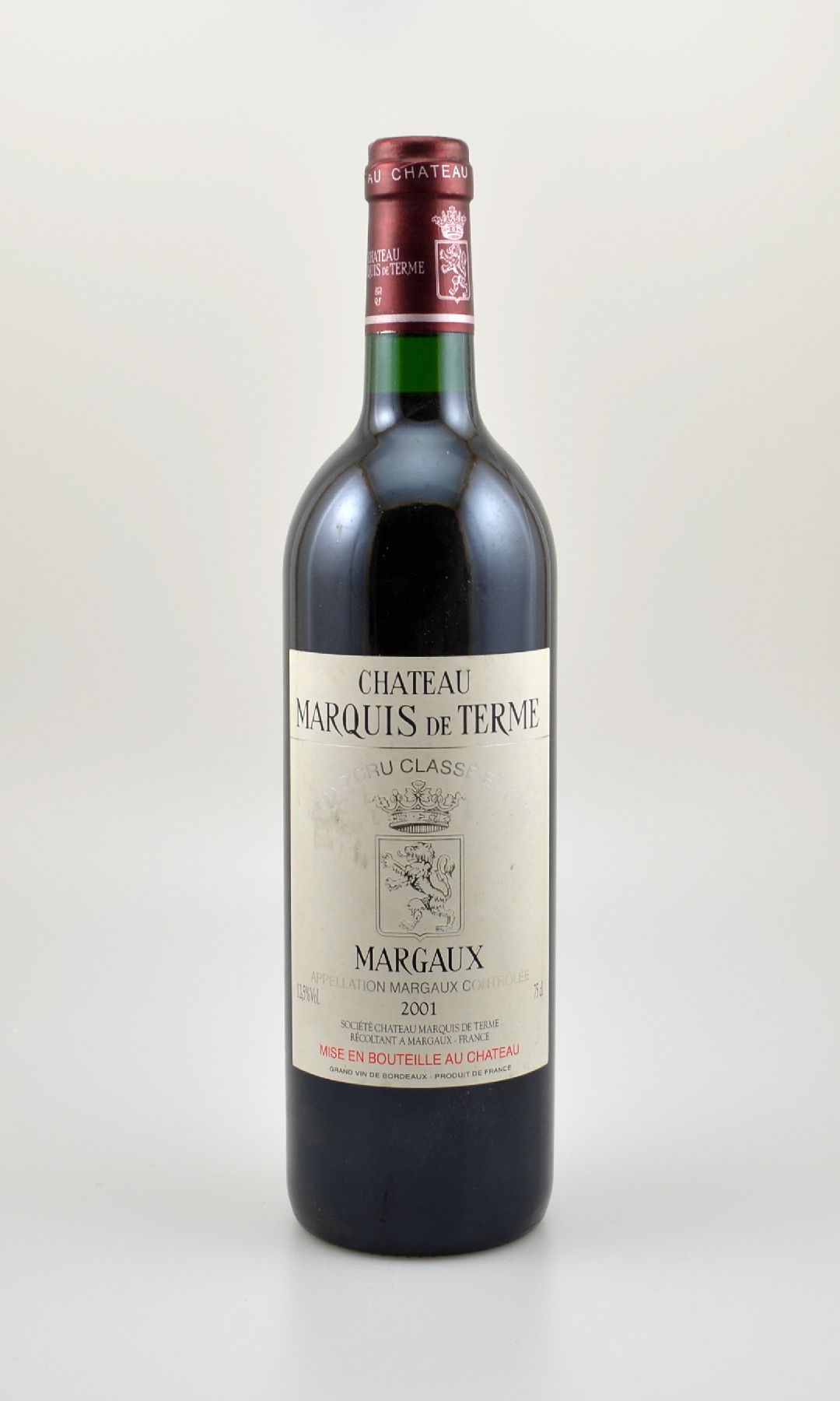 1 Flasche 2001 Chateau Marquis de Terme, Margaux, ca. 75 cl, 12,5 % Vol., Füllstand: cainto neck, Etikett l. beschmutzt unverkostet, Provenienz: Aus ...