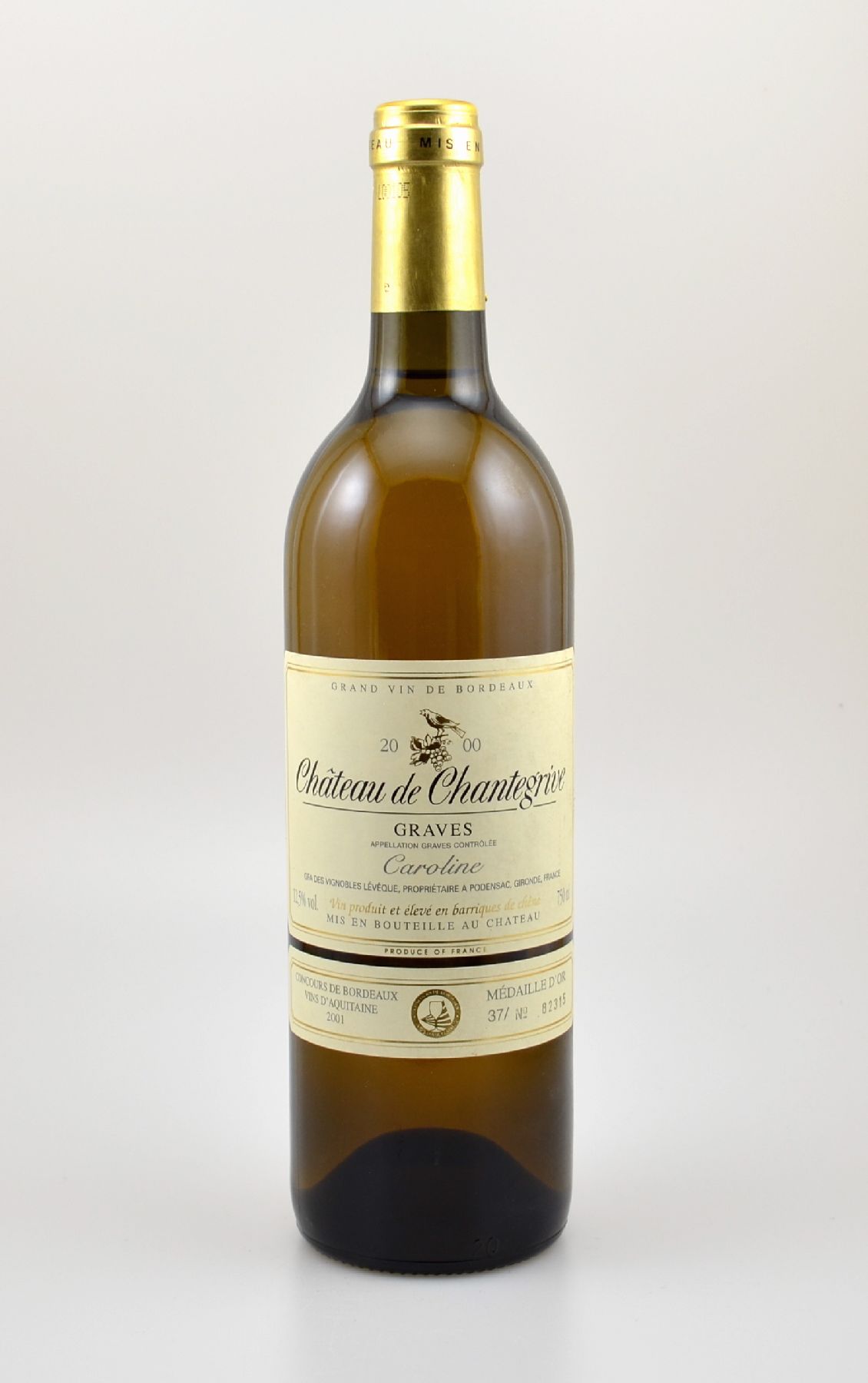 1 Flasche 2000er Chateau de Chantegrive, Graves Blanc, ca. 75 cl, 12,5 % Vol., Füllstand: ca. into neck, guter Erhaltungszustand, unverkostet, ...