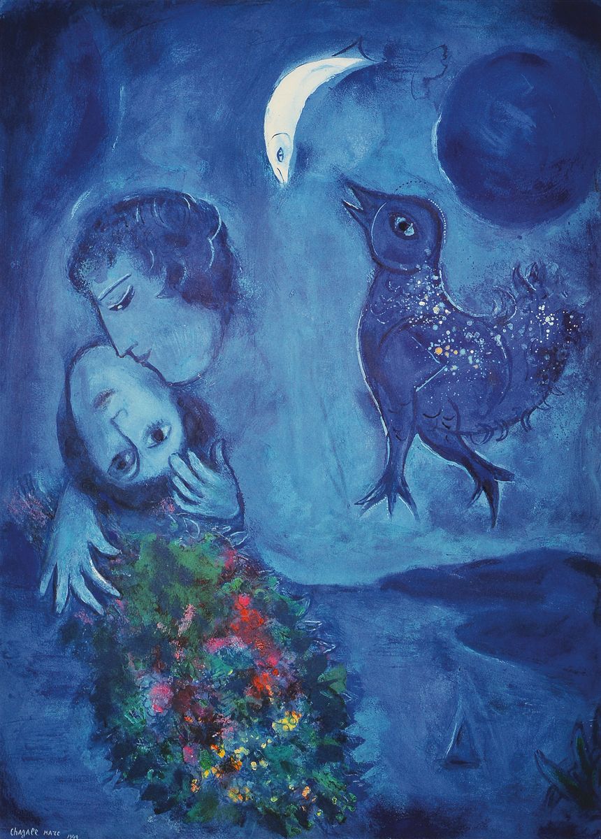 Marc Chagall,1887-1985, Blaue Landschaft, Lithografie, links unten sign., und dat. 1949,unter Glas gerahmt, Motiv ca. 62,5x 45 cm, gesamt ca. 83,5x64 ...