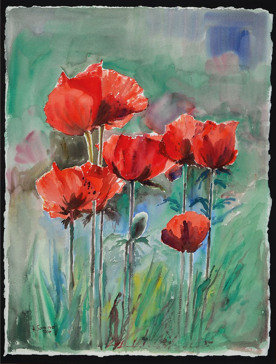 Harald Sommer, 1930-2010, Roter Mohn mit Blütenknospen, Aquarell, links unten sign., dat. 1966, unter Glas gerahmt, motiv ca. 76x58 cm, gesamt ca. ...
