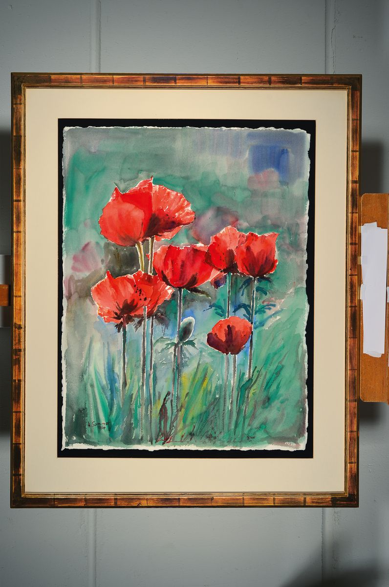 Detail k: Harald Sommer, 1930-2010, Roter Mohn mit Blütenknospen, Aquarell, links unten sign., dat. 1966, unter Glas gerahmt, motiv ca. 76x58 cm, gesamt ca. ...