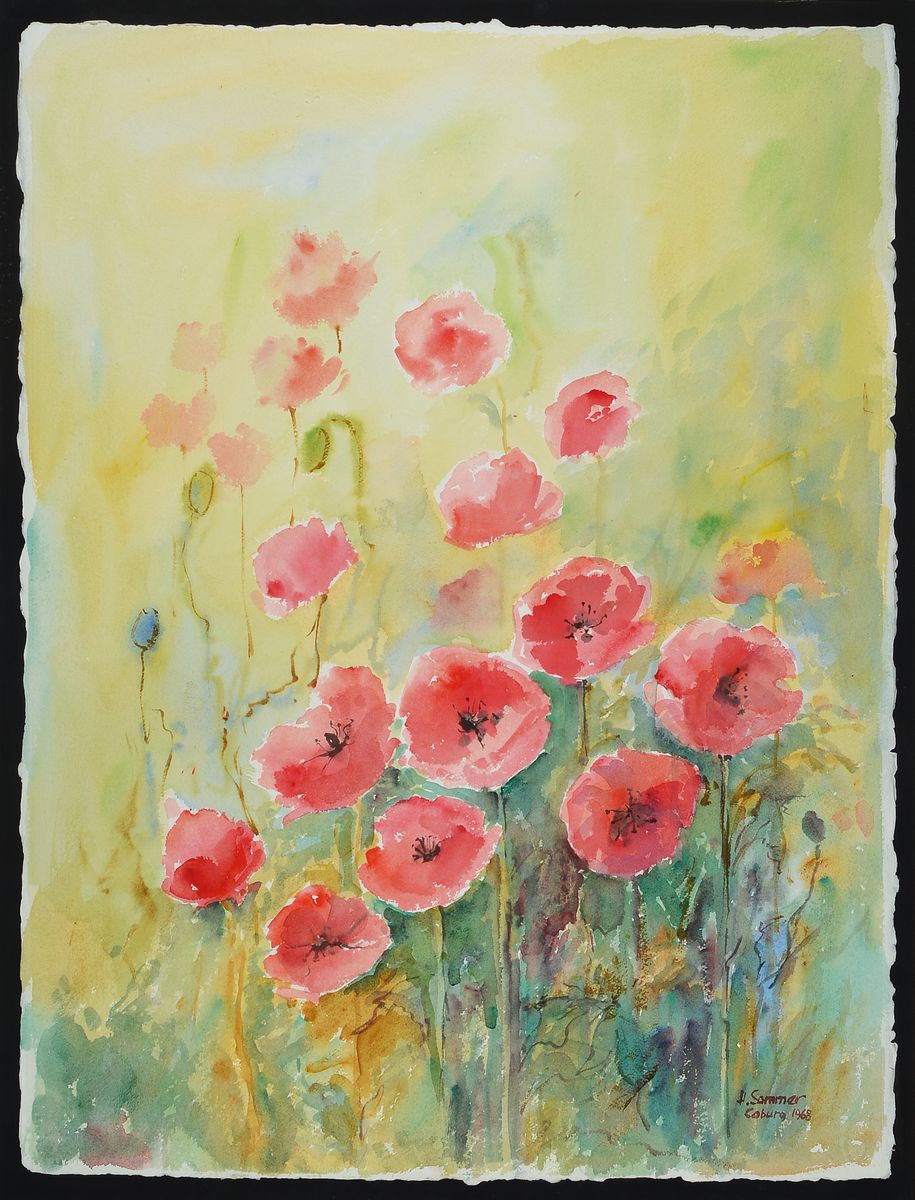Harald Sommer, 1930-2010, Roter aufblühender Klatschmohn, Aquarell, rechts unten sign., dat. 1968, unter Glas gerahmt, motiv ca. 76x 58, gesamt ...