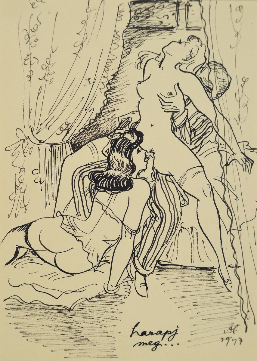 Alexander Szekely, 1901-1940, Konvolut aus 2 Federzeichnungen, Titel: Olympinasz, PP, Motiv ca. 14x11 cm, gesamt ca. 50x40 cm