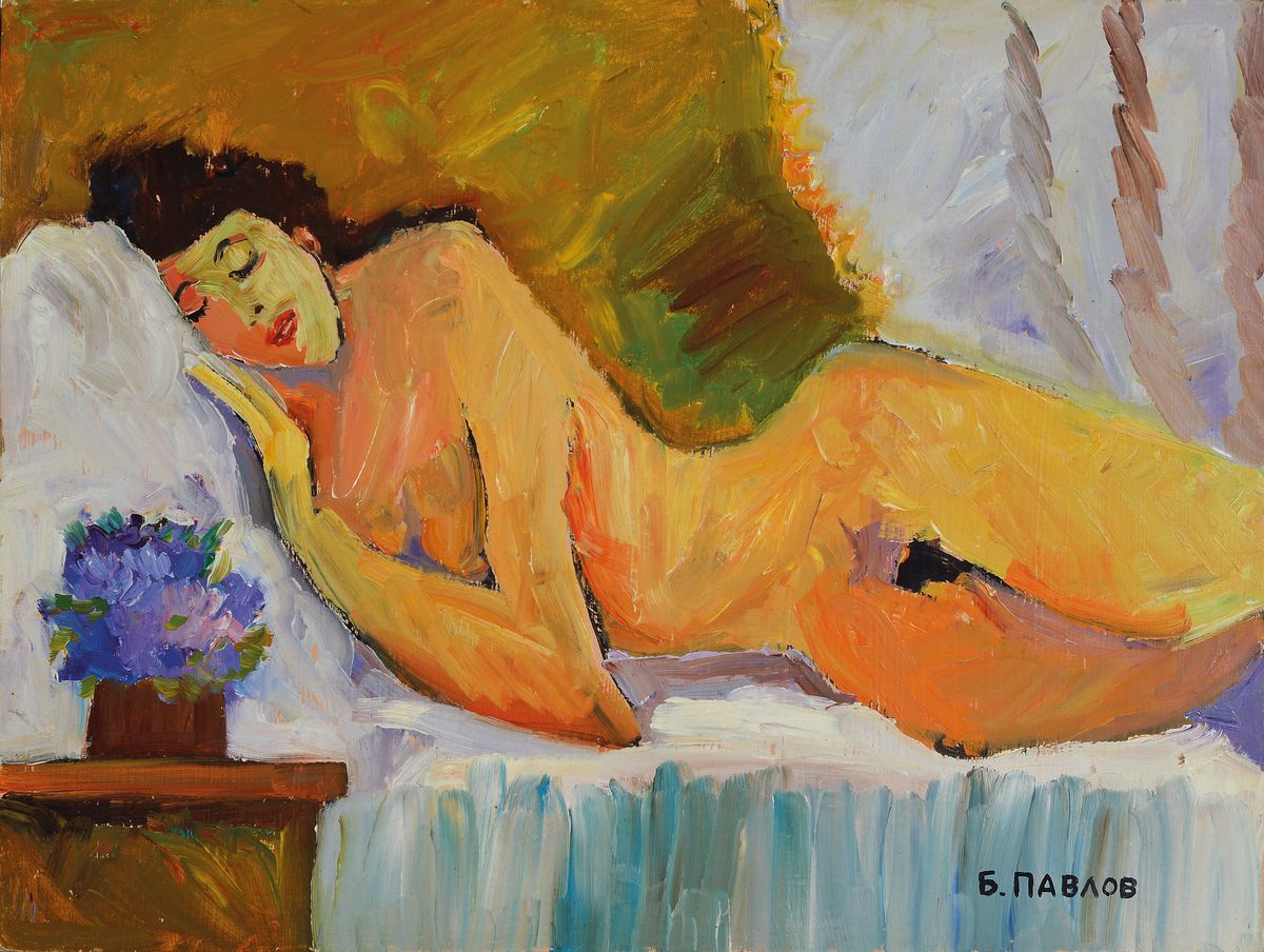 Boris Pavlov, 1928 - 2005, "Liegender Akt- Moskau", um 1968, Öl/Karton, handsigniert, ca.30 x 40 cm, 36-020, Rahmen,