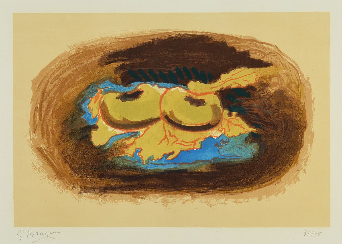 Georges Braque, 1882 - 1963,, Les deux pommes, Farblithographie auf, Arches Bütten, aus 1958, handsigniert, num. 31/75, WVZ: Vallier 114, Blattgr. ...