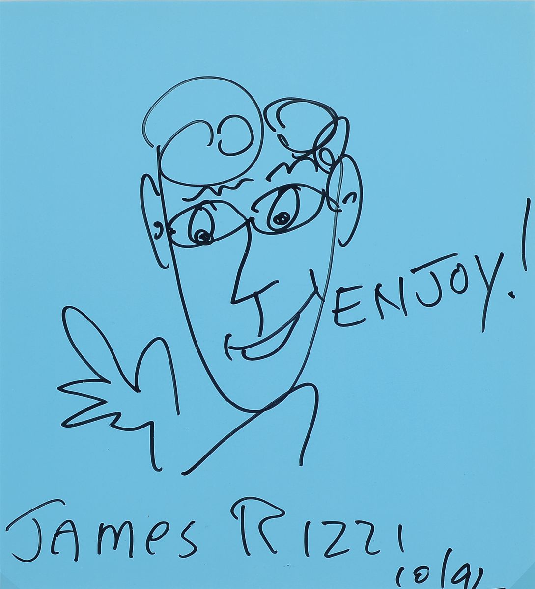 James Rizzi, 1950 - 2011 New York, Filzstiftzeichnung, handsigniert,, bez. Enjoy,dat. 10/92, schwarzer Filzstift auf blauem Papier, ca. 30 x 27.5 cm, ...