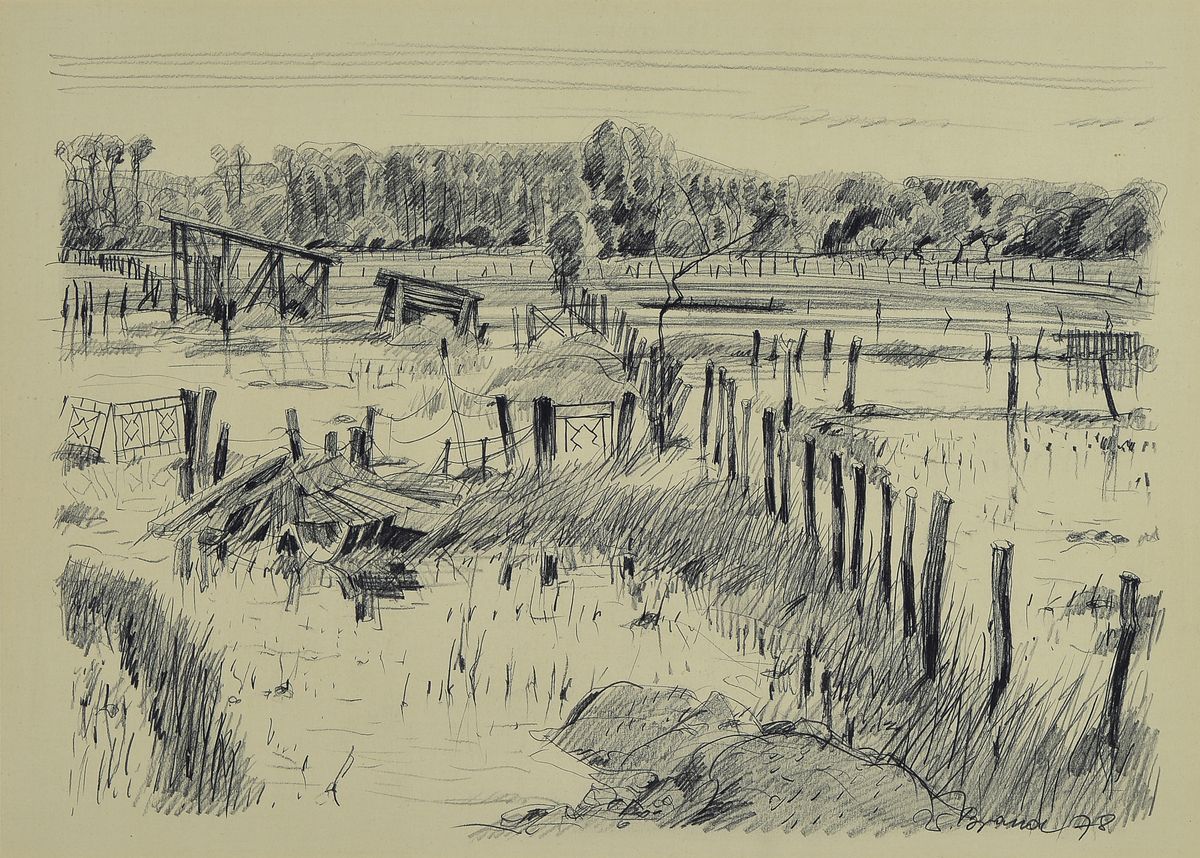 Werner Brand, geb. 1933 Löbau, lebt und arbeitet in der Pfalz, Landschaft mit Weidezäunen, Bleistiftzeichnung, rechts unten signiert und dat. 78, ...