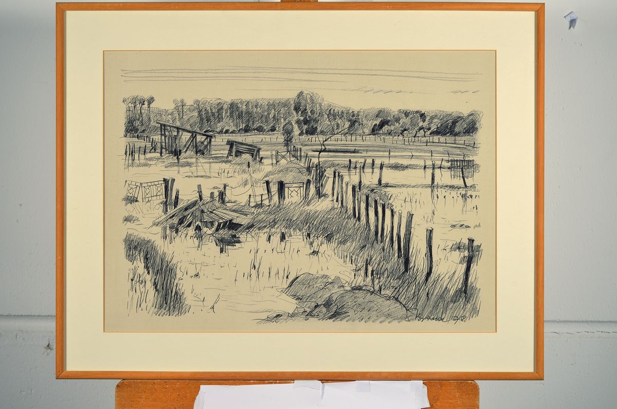 Detail k: Werner Brand, geb. 1933 Löbau, lebt und arbeitet in der Pfalz, Landschaft mit Weidezäunen, Bleistiftzeichnung, rechts unten signiert und dat. 78, ...