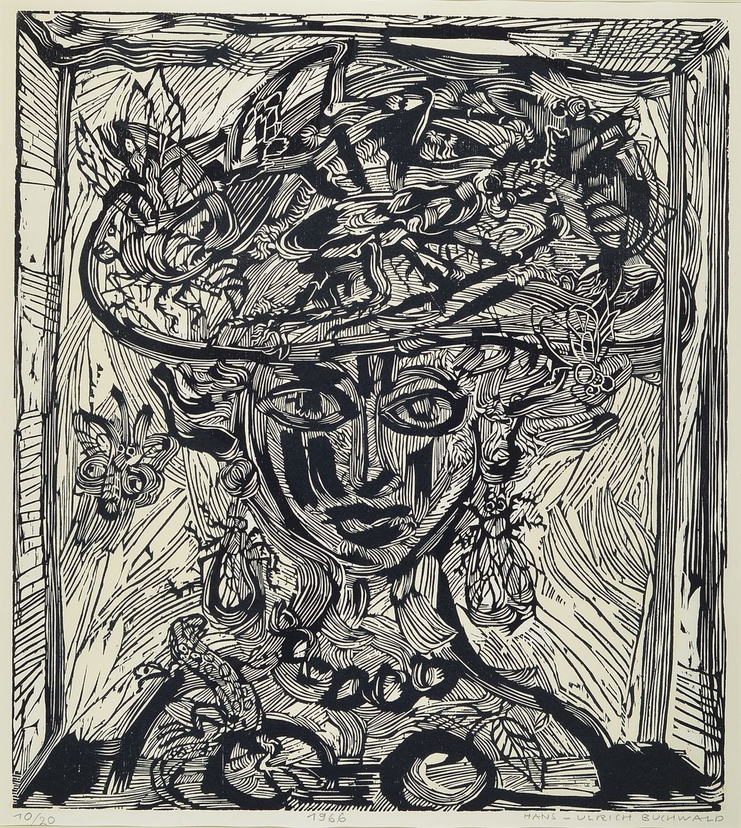 Hans Ulrich Buchwald, 1925 Breslau- 2009 Hannover, Holzschnitt, Porträt einer Frau, handsigniert und num. 10/20, ca. 55x49,5 cm, Ausschnitt, unter ...