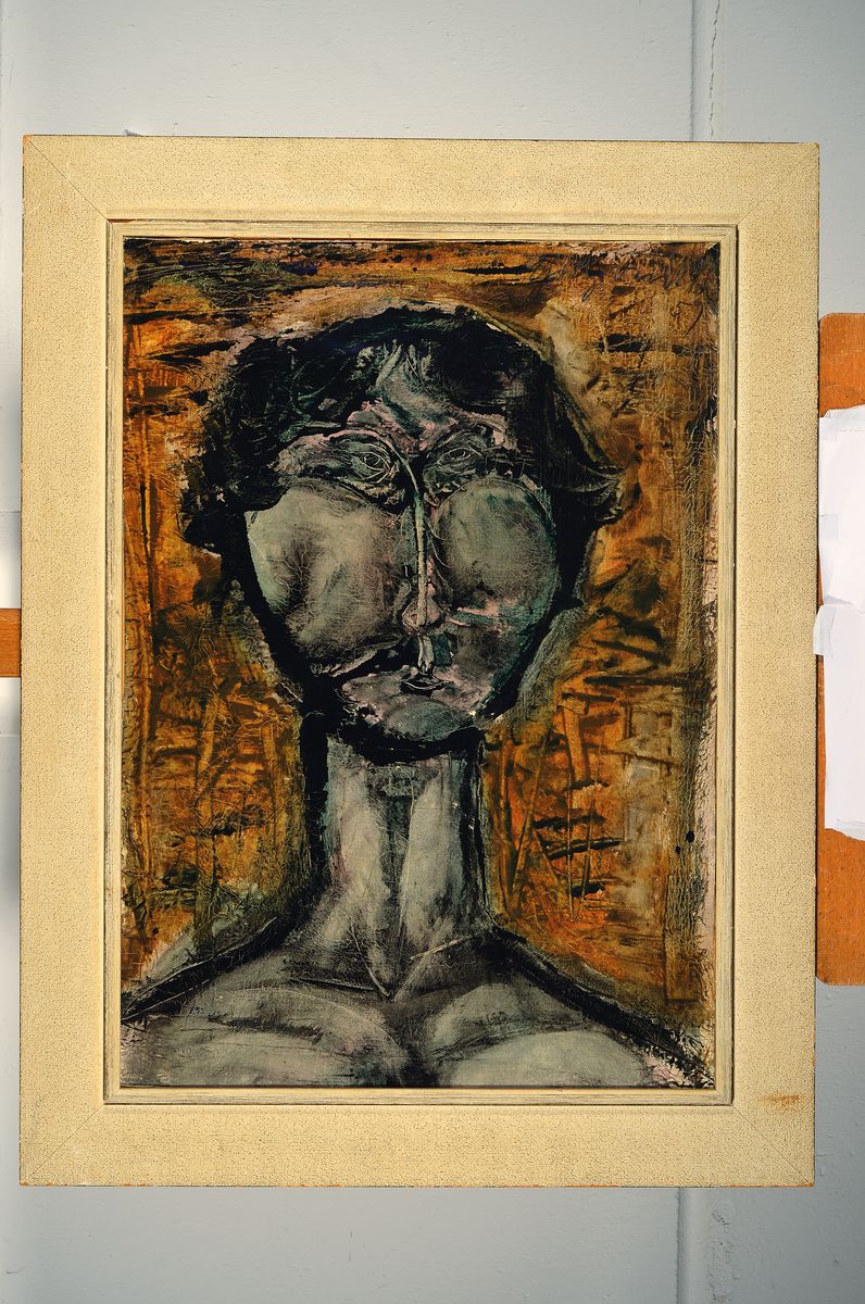 Detail k: Heinz Knoke, 1922 Hannover - 1991, Porträt, Öl/Lwd/Karton, re. oben signiert 59, l.krakeliert, kl. Farbschäden, l. Alters- Gebrauchsschäden, ca. ...