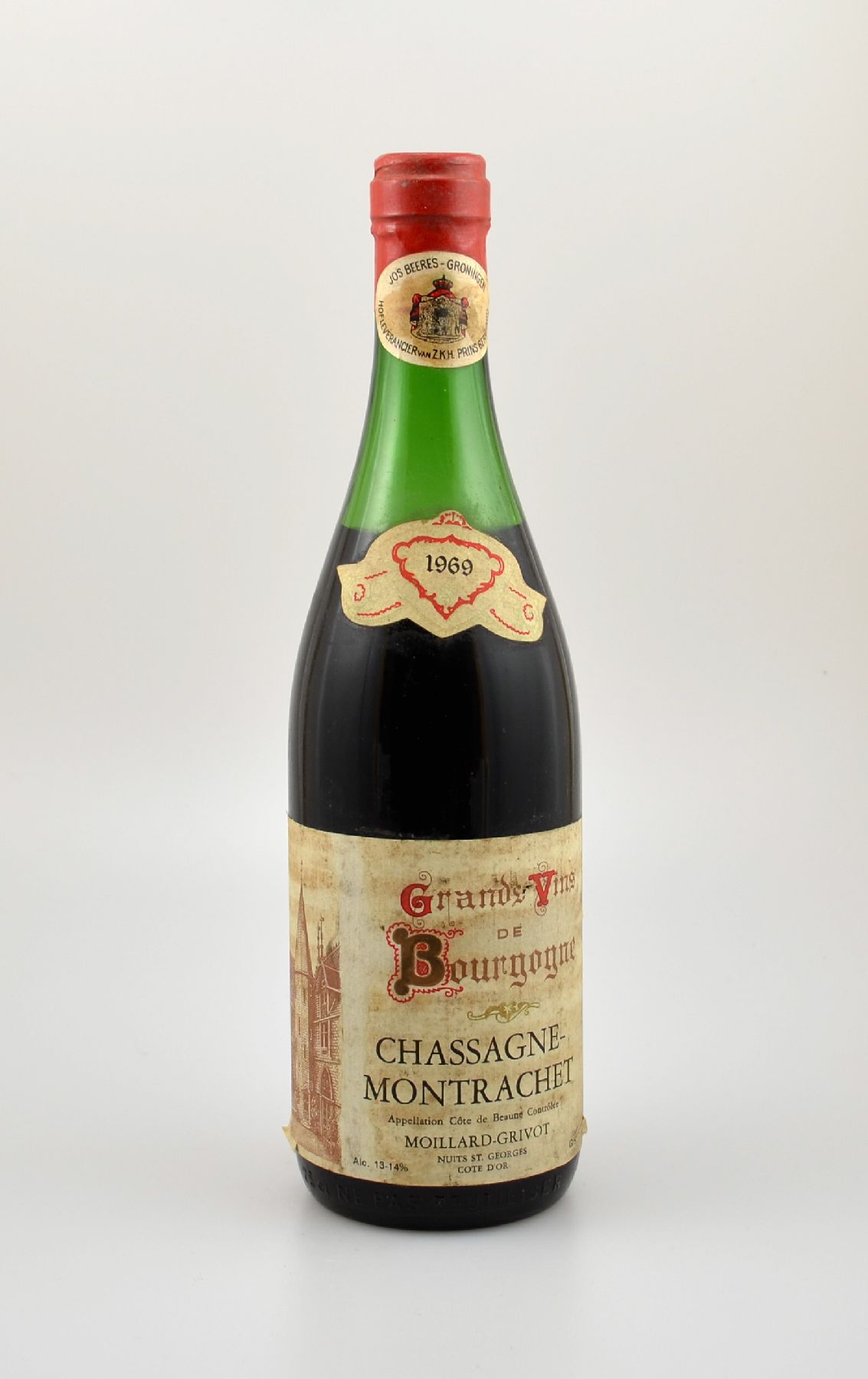 1 Flasche 1969 Chassagne-Montrachet, Moillard-Grivot, Abstand zwischen Kapsel und Wein: ca. 5,5 cm, Etikett beschmutzt, unverkostet, Provenienz: Aus ...