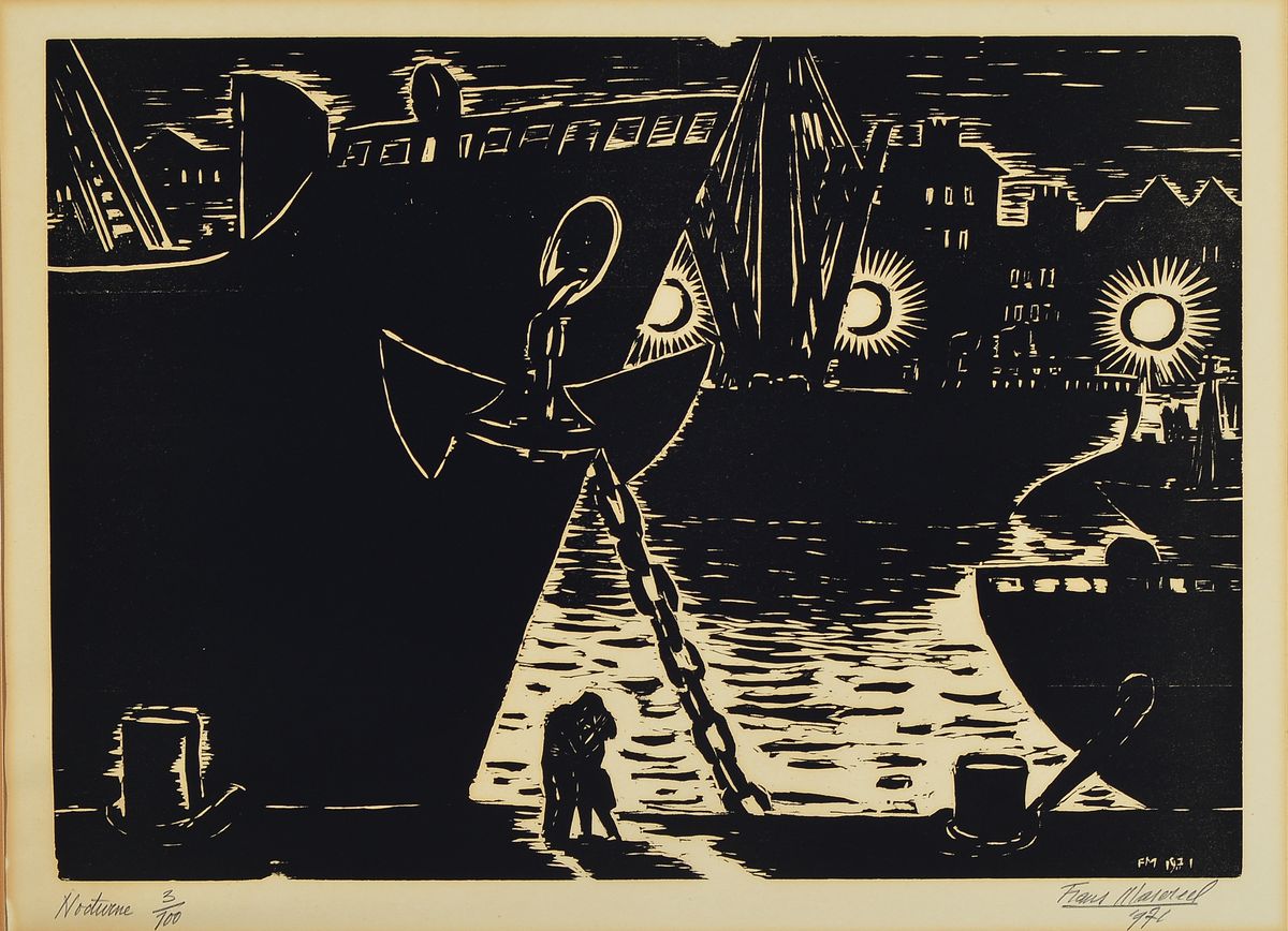 Frans Masereel, 1889-1972, Nocturne, Holzschnitt von 1971, handsigniert, betitelt, datiert und num. 5/100, gebräunt, Lichtrand, ca. 32x45cm, PP, R. ...