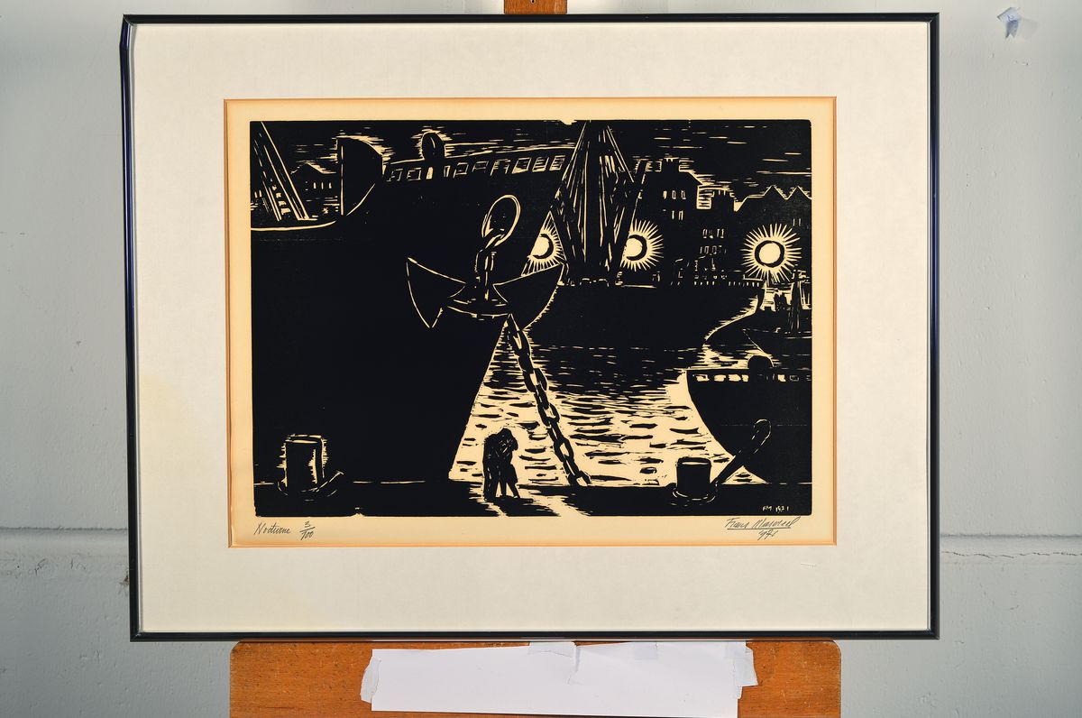 Detail k: Frans Masereel, 1889-1972, Nocturne, Holzschnitt von 1971, handsigniert, betitelt, datiert und num. 5/100, gebräunt, Lichtrand, ca. 32x45cm, PP, R. ...