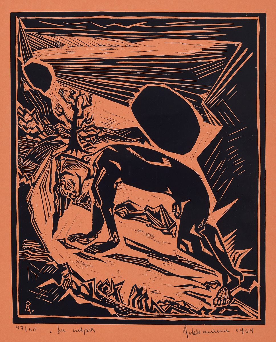 Rudolf Werner Ackermann, 1908 Barmen-1982 Düsseldorf, Holzschnitt von 1964 auf rotbraunem Papier, signiert und datiert, num. 47/60, ca. 37x30cm, ...